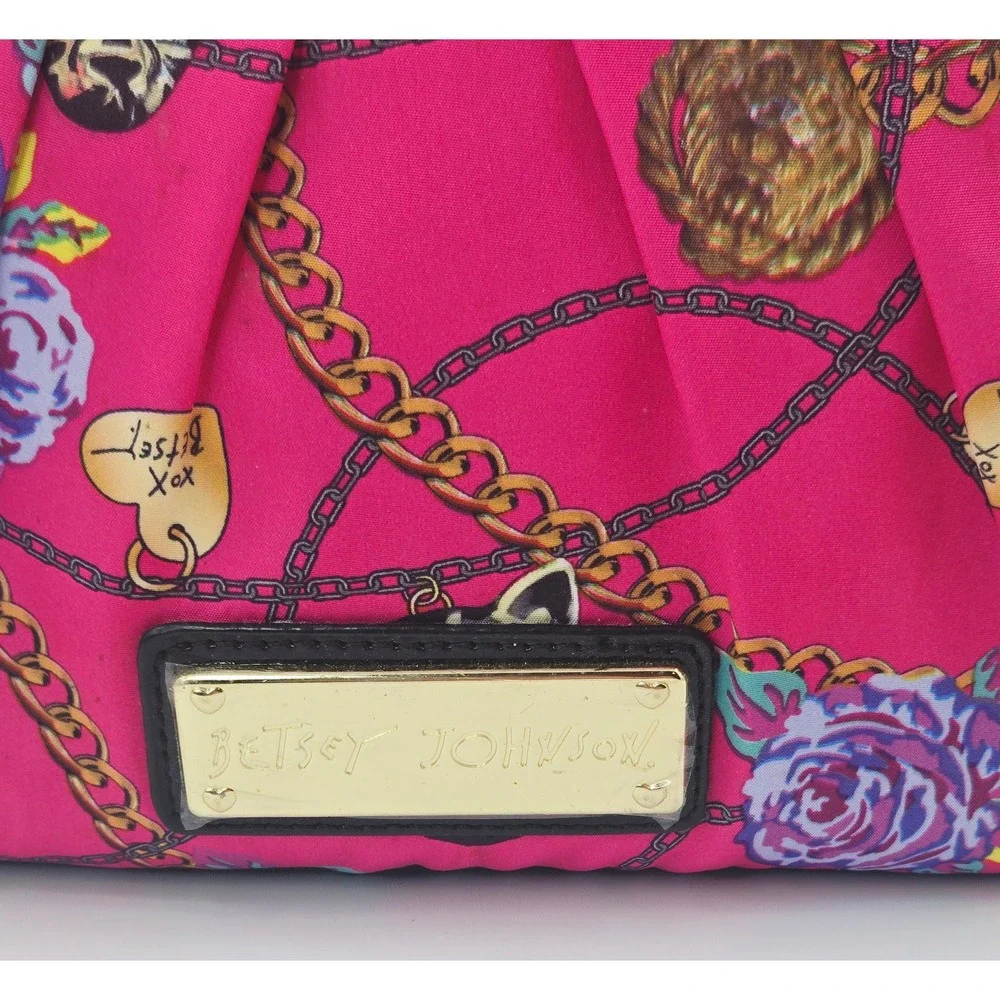 Betsey Johnson Y2K Pink Floral Chain Print Nylon Satchel Bag Black Patent‎ Trim
